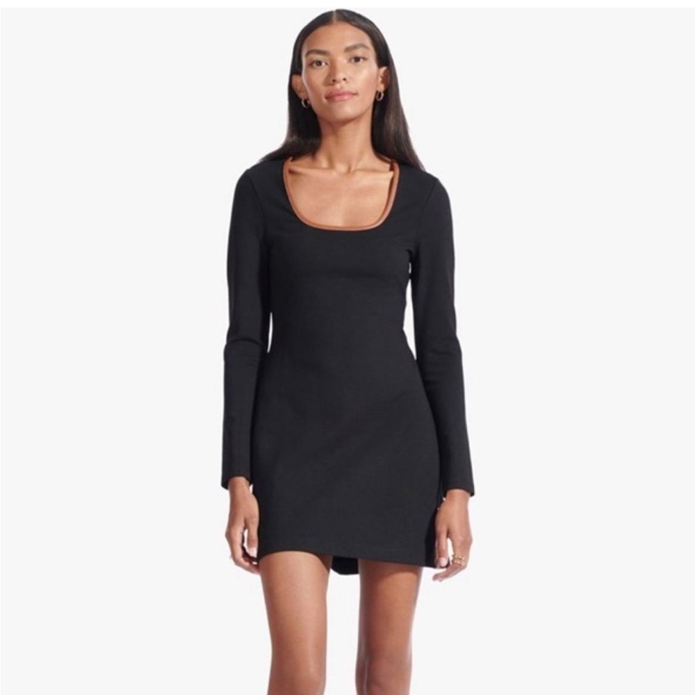 Staud‎ Long-Sleeve Black Mini Dress w/ Leather Accents